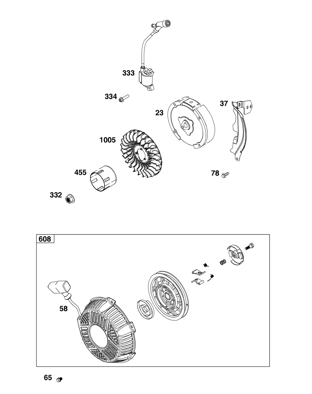 Flywheel, Ignition, And Starter Group Diagram and Parts List for 13R232-0056-F1 100000 - 19Z999 Briggs and Stratton Engine